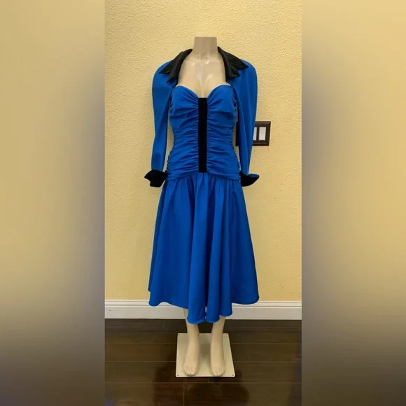 Frank Usher Dresses | Vtg Frank Usher Size Us 12/Uk Size 38 Blue With Black Collar & Trim Dress | Color: Black/Blue | Size: 12 | Calloway_Bryan's